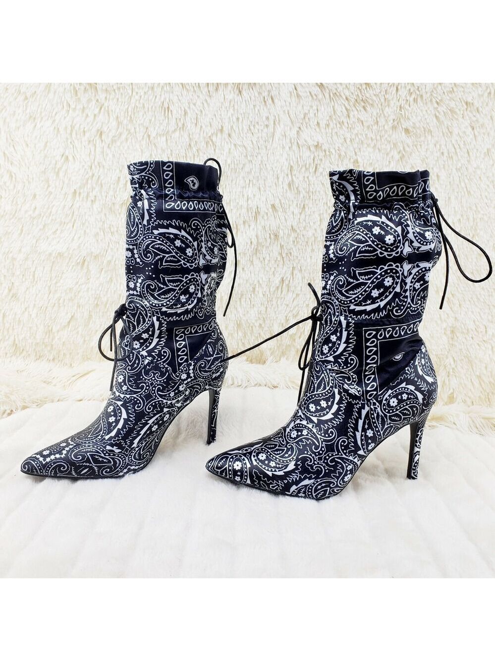 NIB Bandanna Madness Drawstring 4" Stiletto High Heel Mid Calf Boots Black - Picture 6 of 11